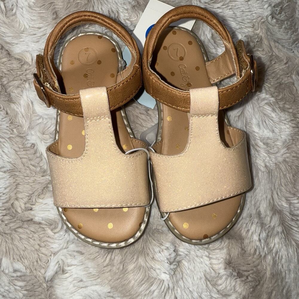 Cat & Jack Girls Shoes Size 7 – Glitter Tan Hook Strap Gold Dot Toddler NWT